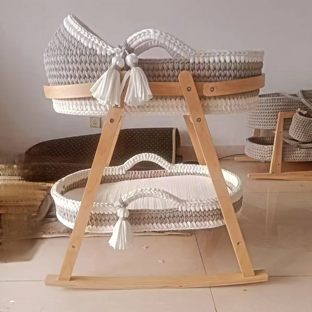 ENWEI moses changing baskets with pad mattress diaper pad handle cotton rope seagrass rattan willow moses baby changing basket