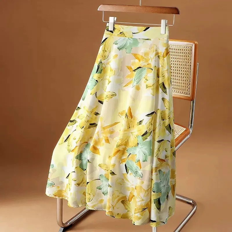 Summer Thin Chiffon Tutu A-line Skirt Floral Printed High Waist Midi Korean Fashion Boho Skirts for Women Clothing Manufacturer