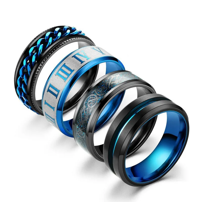 SSeeSY anillos fashion Titanium stainless steel jewelry Roman numerals bule black chain ring for men