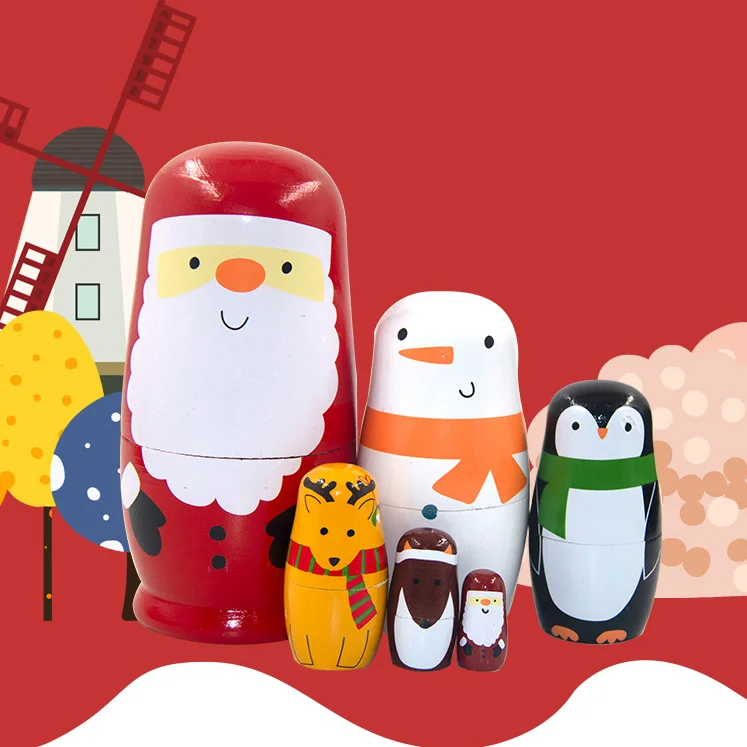 Wholesale Christmas Gifts Toys Wooden Baby Toy Penguin Image 6 Pcs Matryoshka Dolls