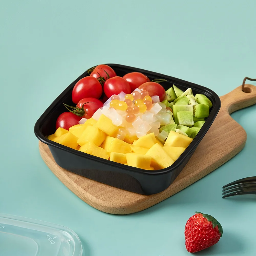 Rectangle disposable lunch square plastic box with lid packing container with lid for fruit salad noodle bento meal fast food