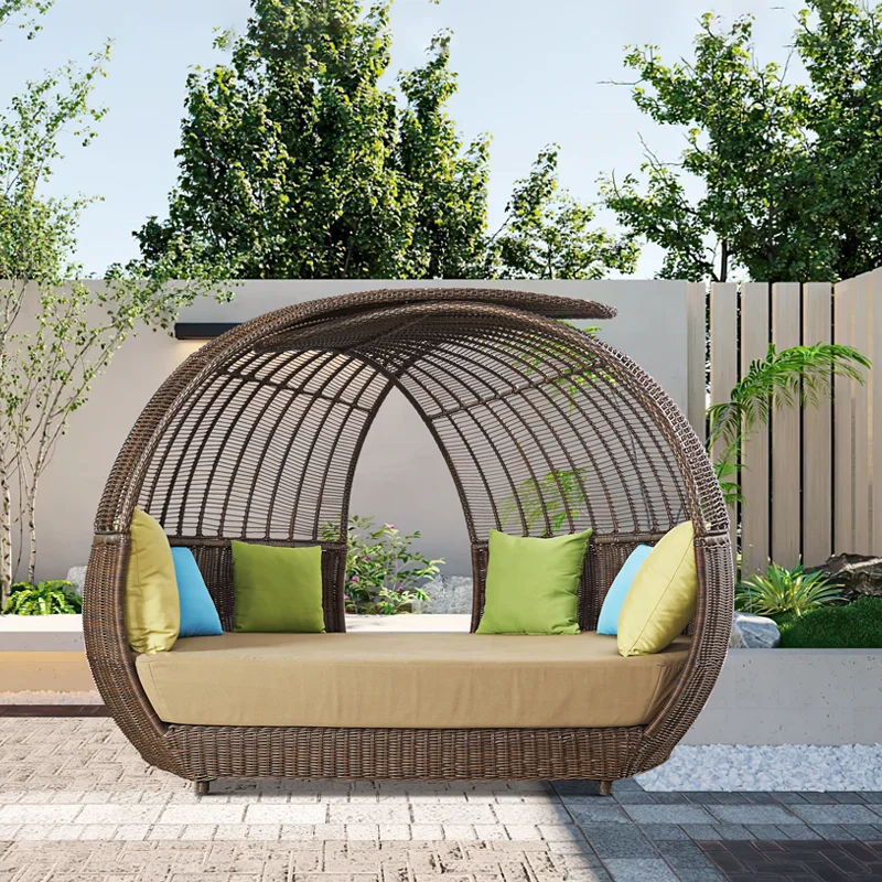Luxury Hotel Outside Beach Wicker Sunbed Outdoor Patio Rattan Round Chaise Lounge Daybed with Canopy