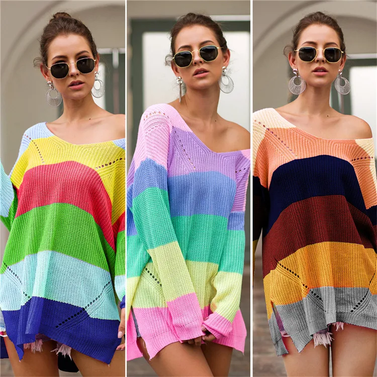 2021 Latest Design Oversize Autumn Women Jumper Rainbow Matching Loose Long Sleeve Crewneck Pullover Sweater