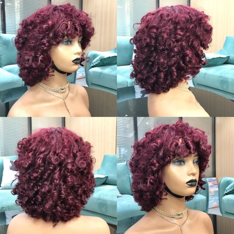 Virgin Brazilian Rose Curly Wig with Bangs Spicy Golden Brown Human Hair Full Machine Deep Wave Short Bob Wigs for Black Women