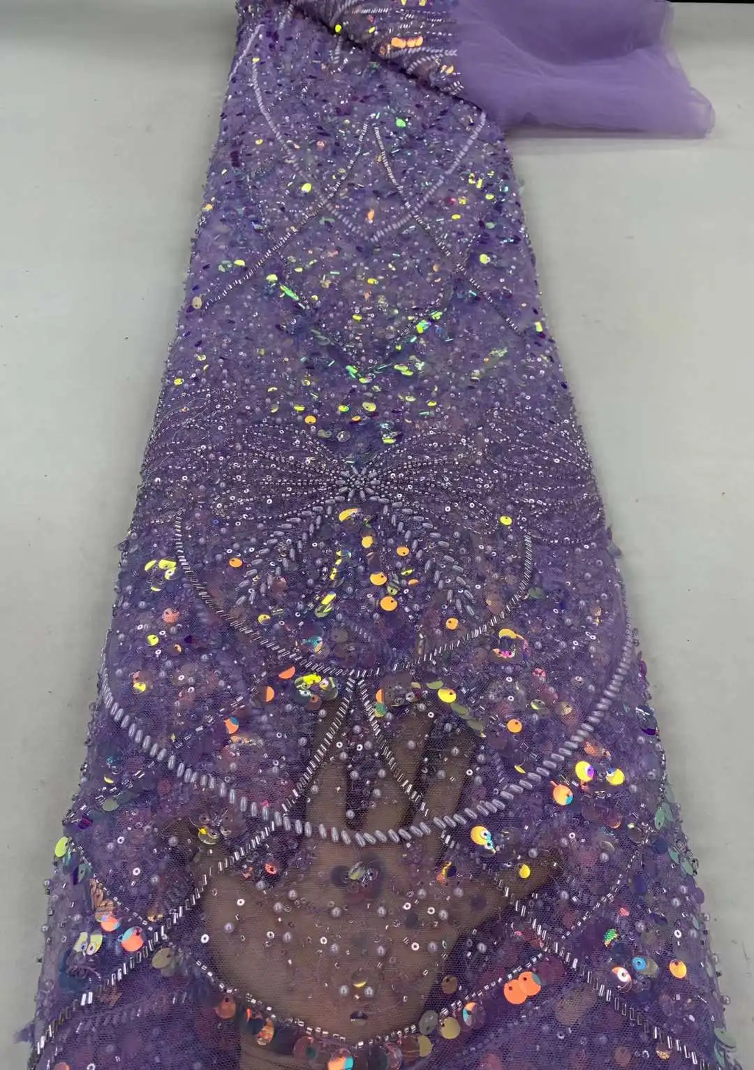 High quality sequin lace fabric with beads and pearl