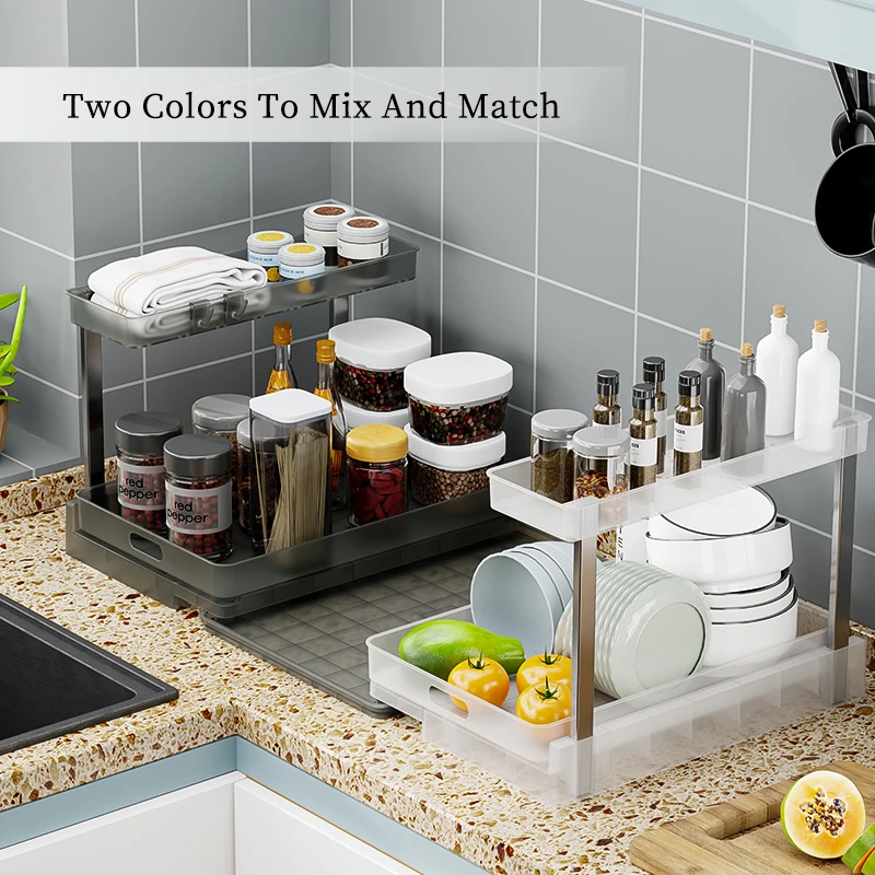 2 Tier Sliding Drawer Shelf  Multi Use for Kitchen Bathroom Home Pull Out Under Cabinet Organizer Storage Under Sink Organizer