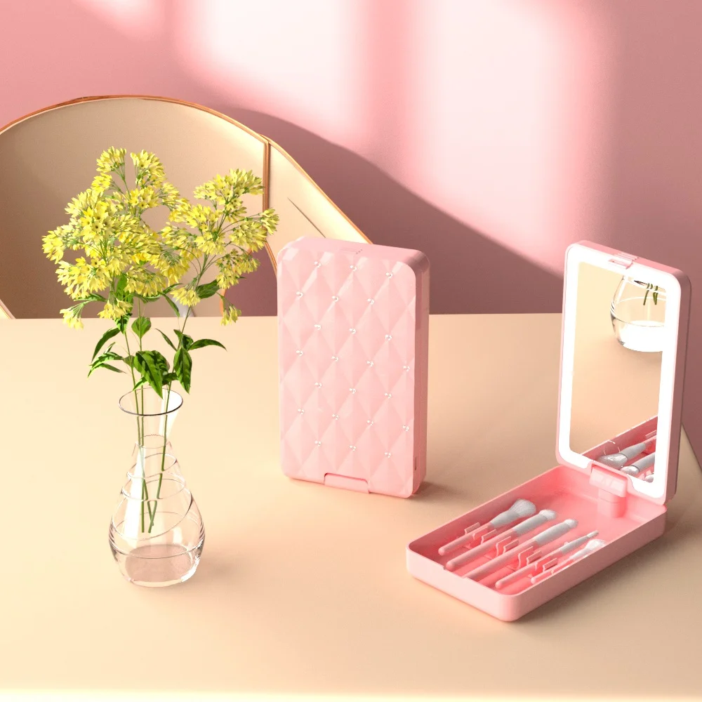 Hot Custom Foldable Single Side Pink Square Plastic Portable Make up Chassis Storage touch switch Vanity Brush LED Mirror Set