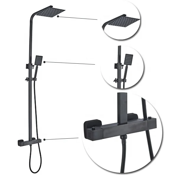 Bathroom Exposed Head Rainfall Shower Panel System Column Temperature Control Thermostatic Shower Faucet Mixer Set