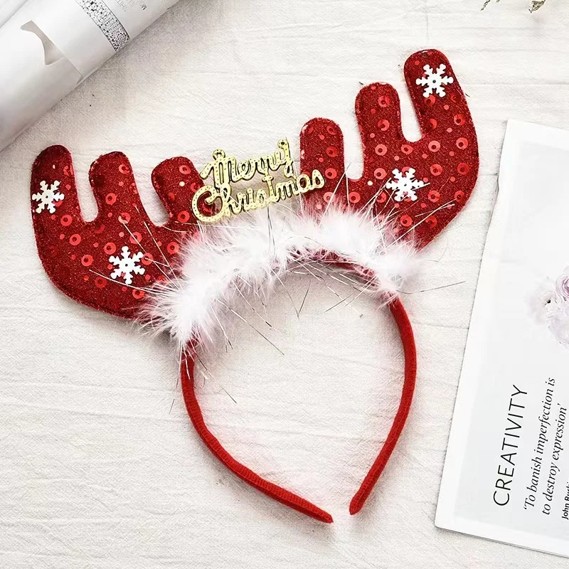 Newest Xmas Hairband Glitter Elk Horn Hairband With Small Bell For Women Baby Christmas Decorations
