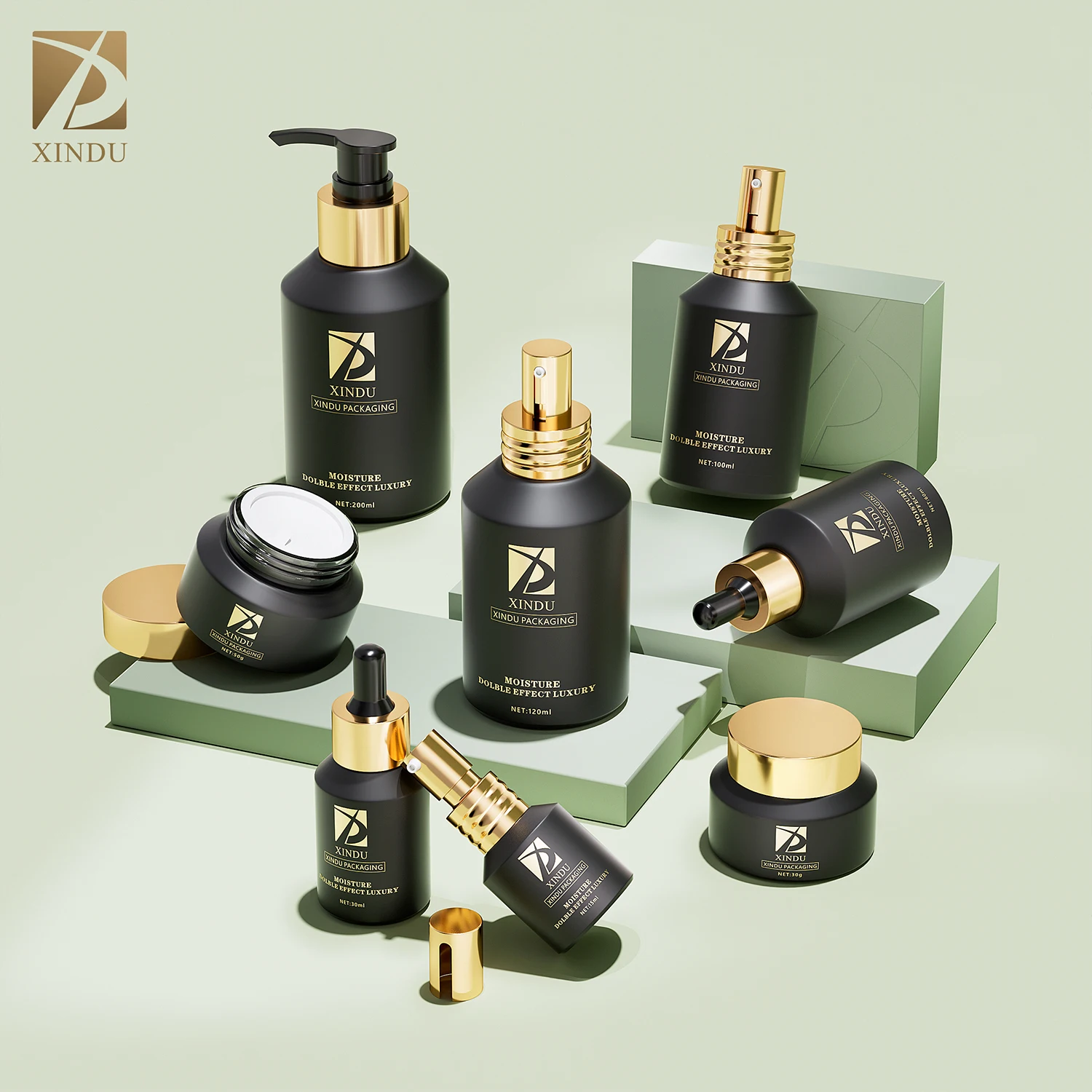 15ml-200ml cosmetic packaging matte black slant shoulder glass bottle with gold lid pump dropper lotion bottle cream jar sets