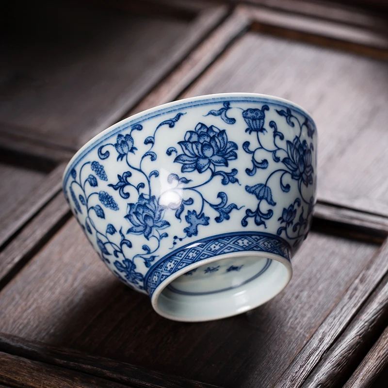 Handmade Jingdezhen Porcelain Tea Set Stone Kiln Blue and White Ceramic Tea Cup Hand-Painted Lotus Kung Fu Tea Cup Wholesale