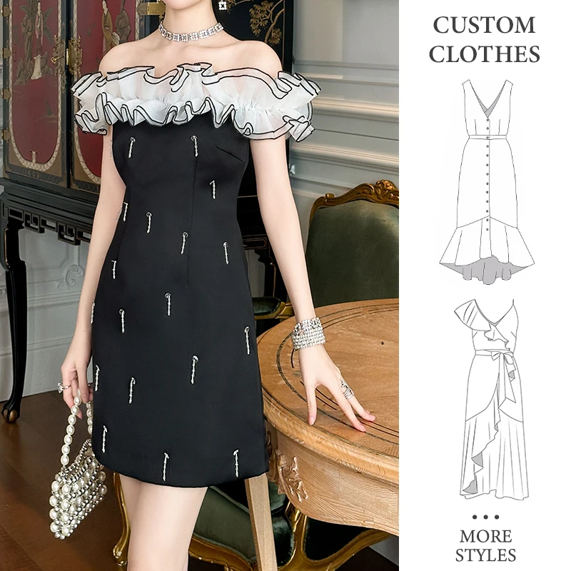 ZYHT 50817 Guangzhou Design Korean Beaded Fringe Elegant Party Soiree Dresses Women Sexy Black Sexy Club Prom Off Shoulder Dress