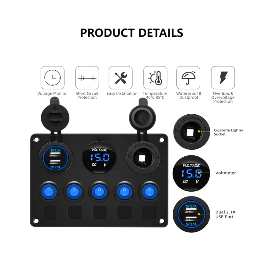Upgrade 5 Gang Blue Marine Boat Rocker Switch Panel 15A Inline Fuse Aluminum Circuit Breakers Truck RV 12V/24V On-Off Function