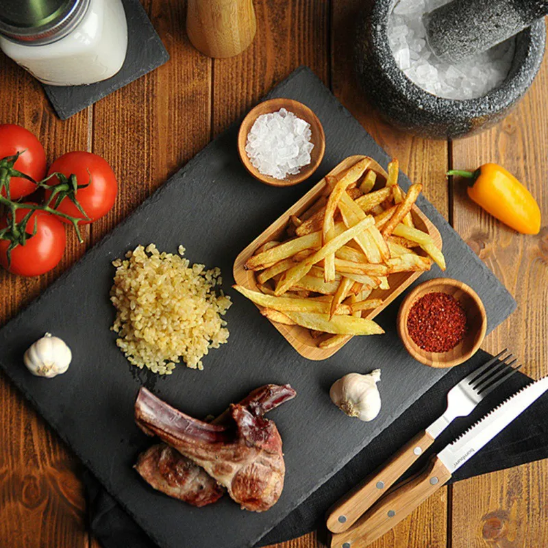 2022 Slate Dishes Stone Sushi Steak Barbecue Plate Cheese Pizza Flat Fruit Plate Black