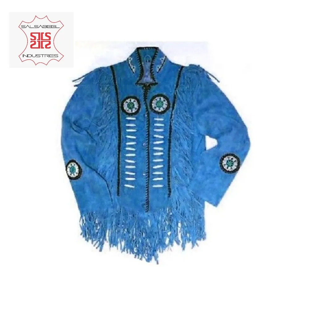 Blue Men Western Leather Jacket Wear Fringes Beads Native American Cowboy Coat