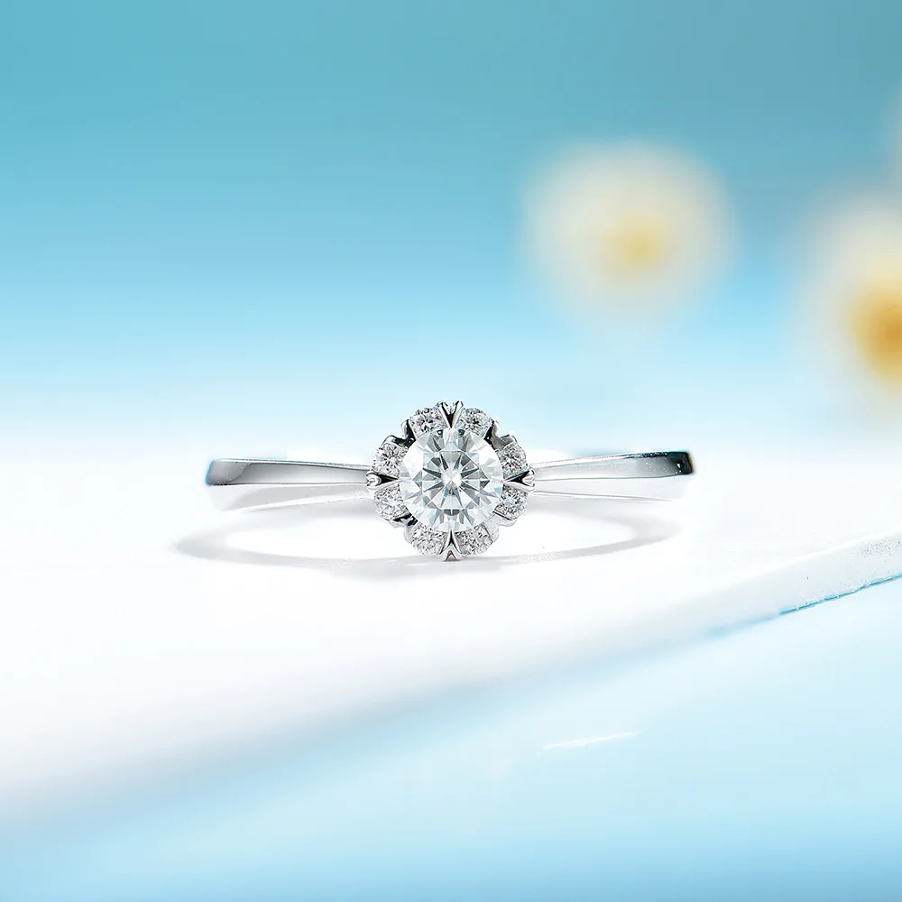 
0.5 ct Floral Band Solitaire with Side Accents Engagement Ring 10K white Gold Synthetic Diamond HPHT CVD Diamond Ring 