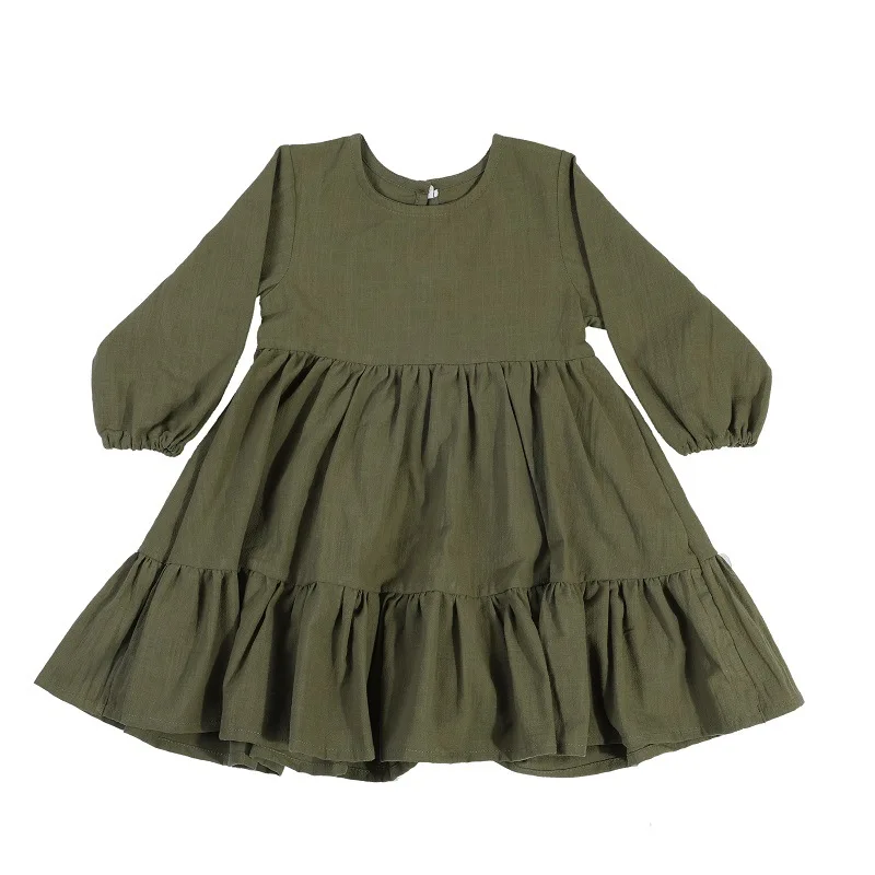 Customize Fall Toddler Cotton Linen Soft Comfortable Skirts Long Sleeve Ruffle Casual Solid Color Simple Girl Dress