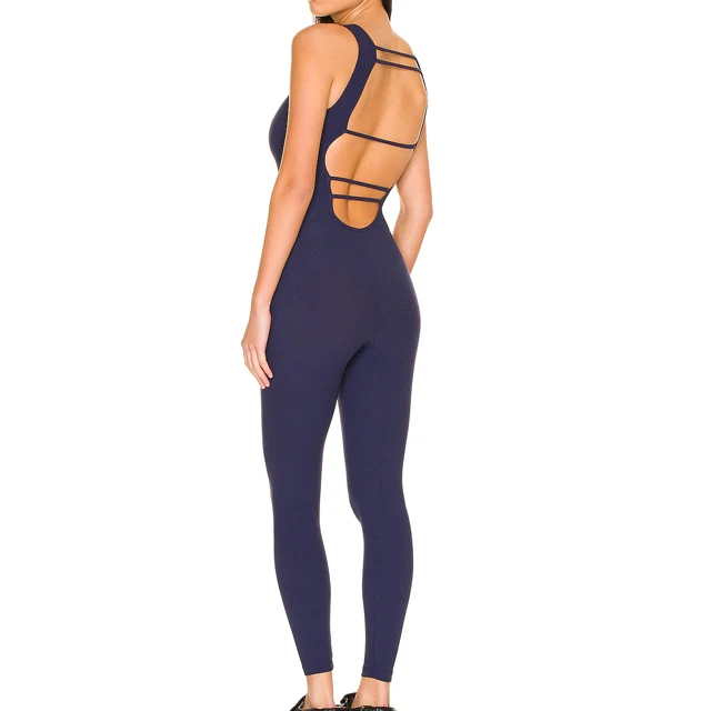 Women Navy Blue Nylon Spandex Ribbed Material Fabric Cutout Full Length Long Bodysuit Strappy Back Design