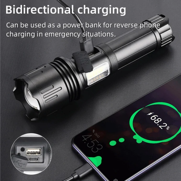 White Laser Bead Zoomable Power Bank Waterproof Rechargeable Usb Led Tactical Torch Work Light Lanterns Outdoor Flashlights