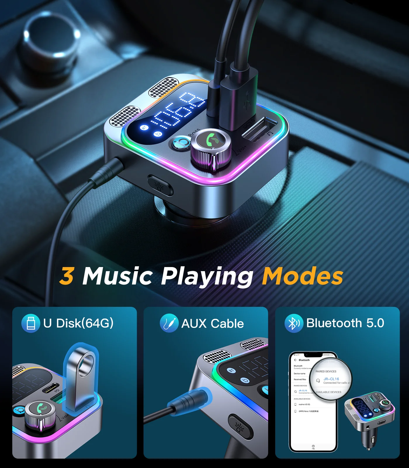 JOYROOM Pd 48w Fast Charging Usb Type C Port Wireless FM Transmitter Wireless Electric Car Adapter