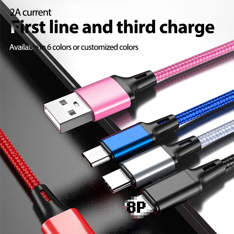 Factory Wholesale 3 in 1 Charging Cable Data Wire Micro USB Type-c 8pin Fast Charge Three-In-One Nylon Braided Data Cable