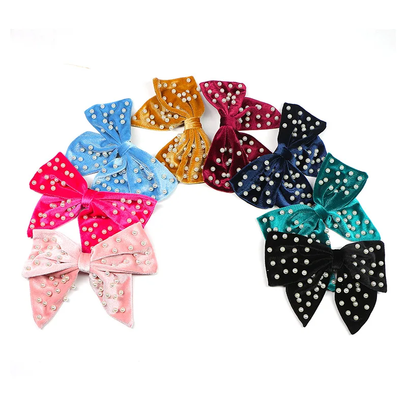 Dream Fashion Vintage Bow Denim Fabric With Colored Crystals Pearl French Spring Hair Accessories For Girls