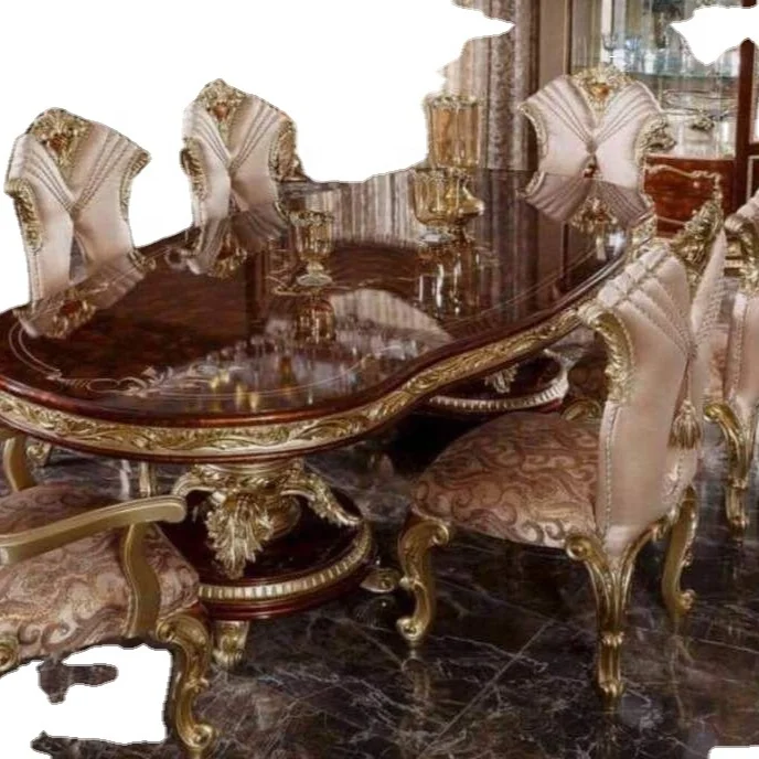 European italian classical antique dinningroom furniture handmade wood carved flowers royal luxury table and chairs