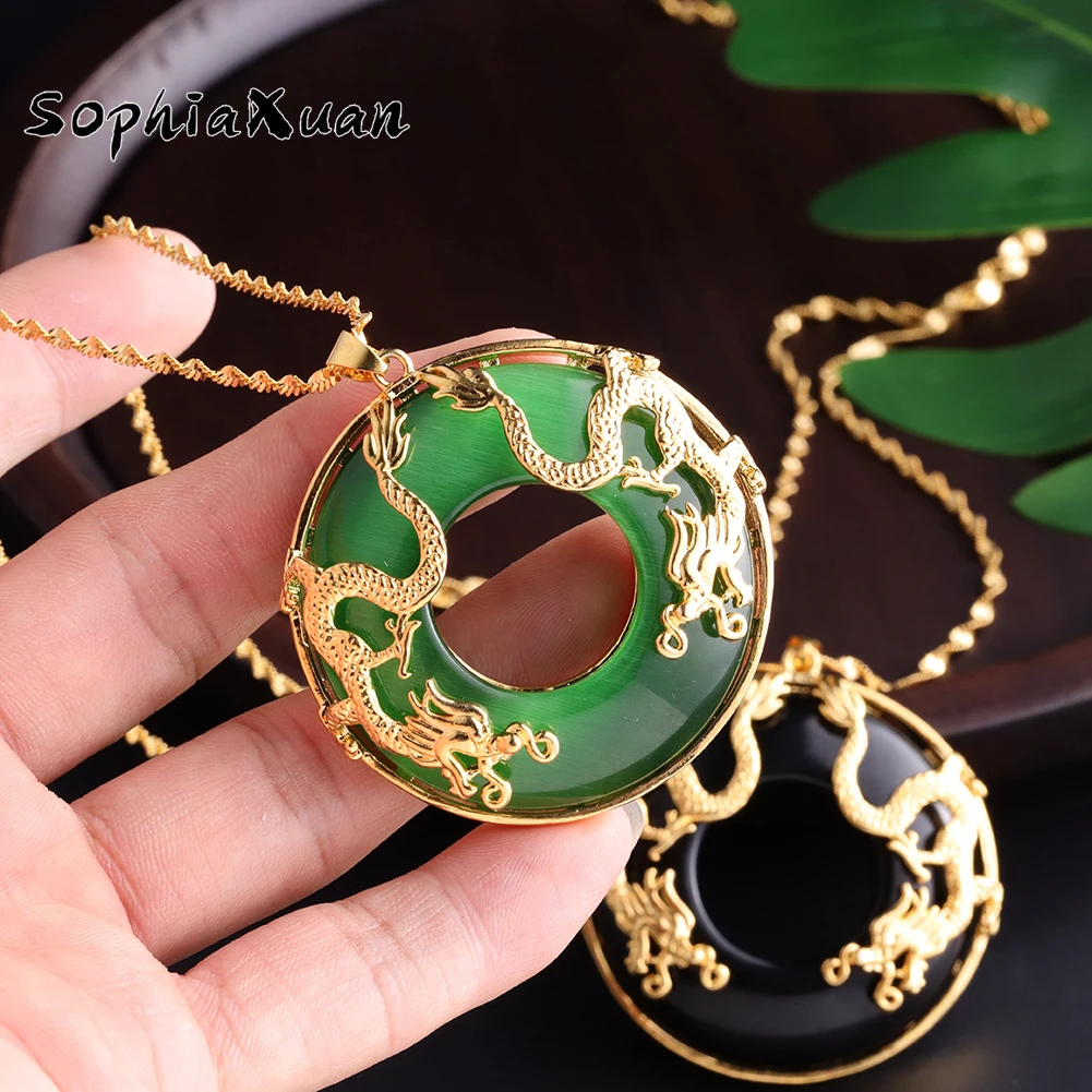 SophiaXuan Malay Green Color Natural Jade Pendant 24k Chinese Jade Dragon Necklace