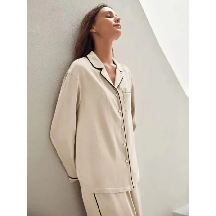 Long Sleeve Satin Pyjamas Custom Solid Sleepwear Women Contrast Piping Blouse & Pants Luxury Silk Pajamas