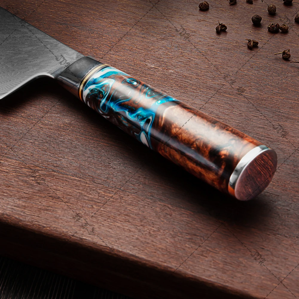 9 Pcs Damascus Kitchen Knife Set 67 Layers Damascus Steel Kitchen Knives with Resin Handle Brown