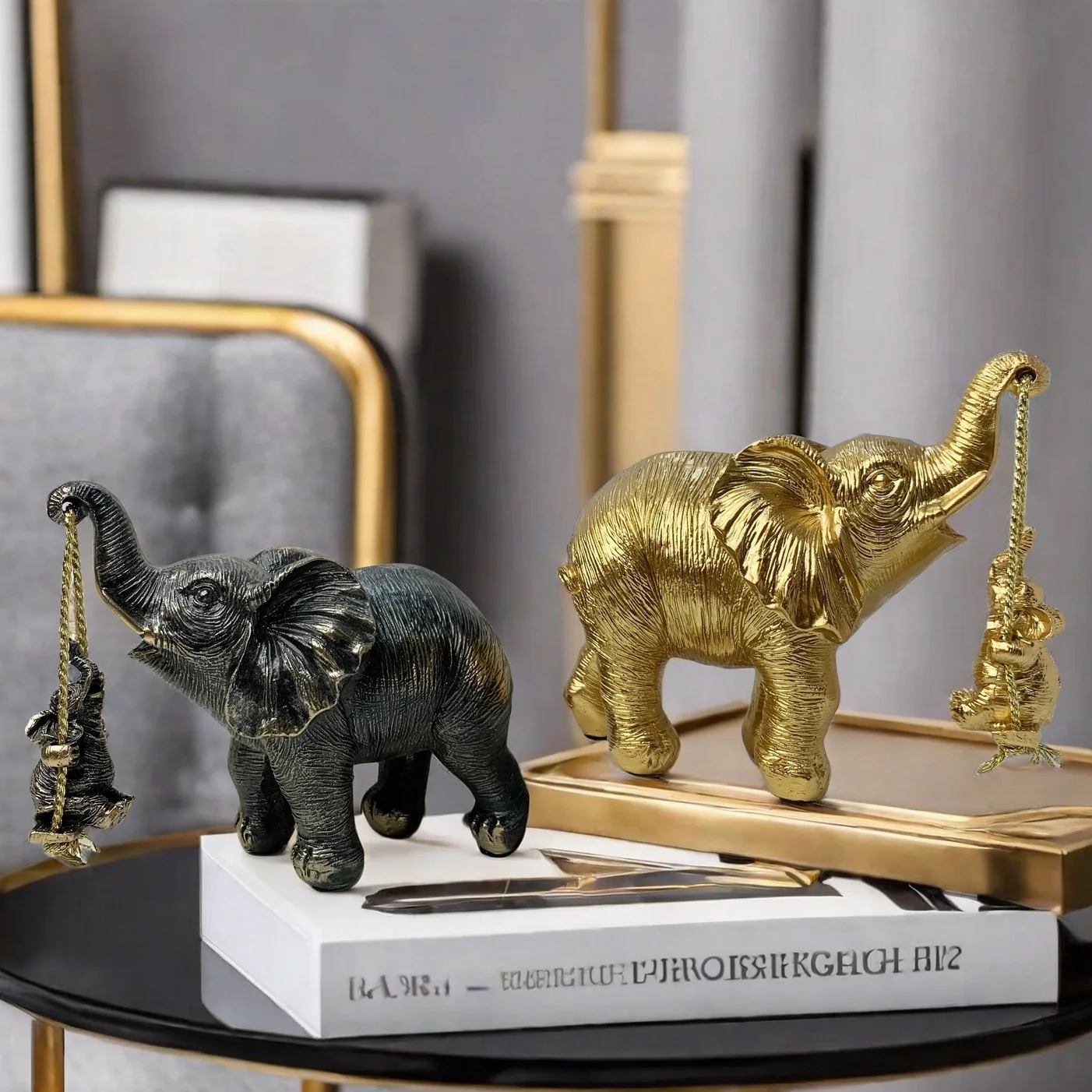 Custom Resin Animal ornament Gold mother and son Elephant statue Brings Luck Health Gift Decoration Applicable Home Office