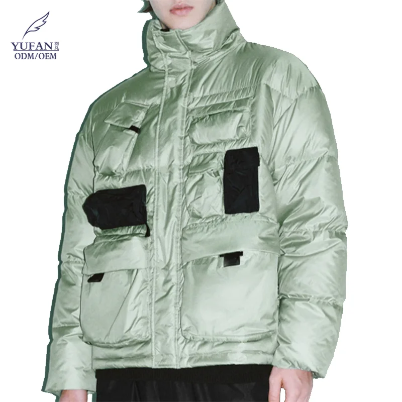 YuFan Mint Shiny Waterproof Fabric Down Jacket For Man Customized Casual Coat With Pockets