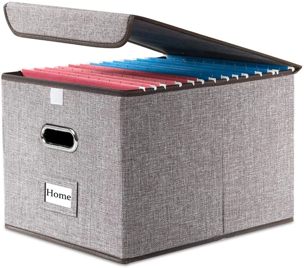 File Organizer Box Collapsible Decorative Linen Filing Storage Hanging File Folders with Lids Office Cabinet Letter