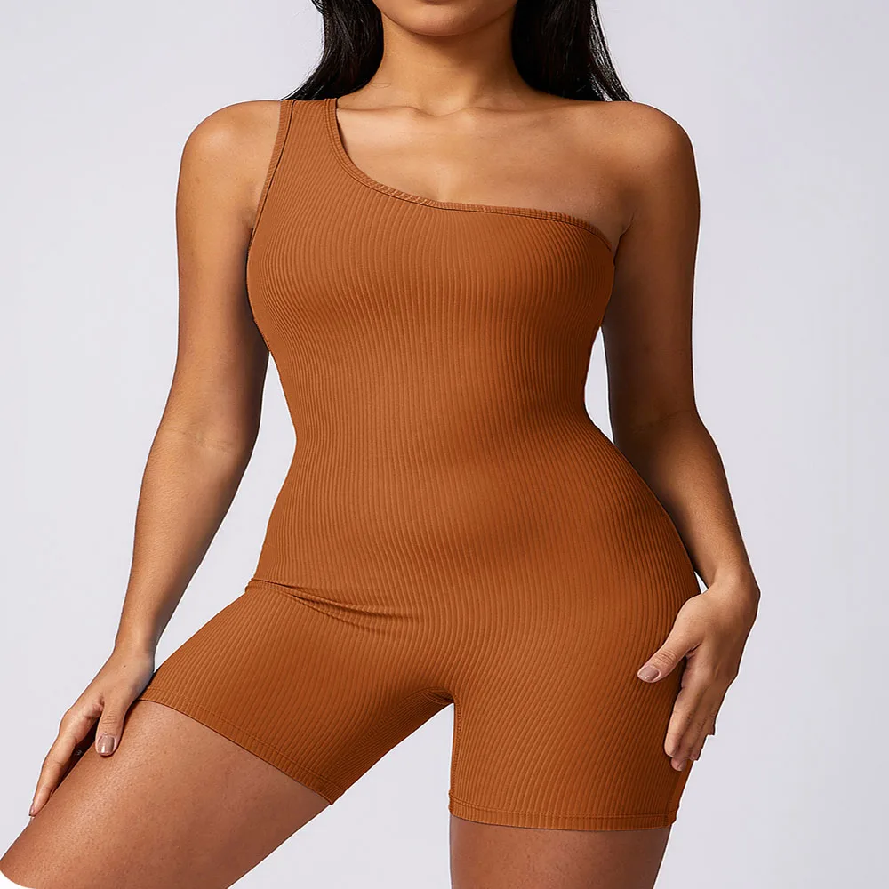 Summer oblique single shoulder sports tight fitness jumpsuit female stretch beauty back one-piece yoga wear