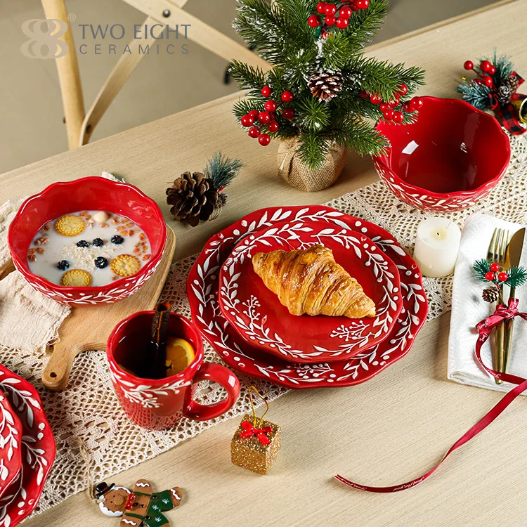 Red Flower Rim Design 16 pcs Christmas Dinnerware Set for 4 person Hote Sale Porcelain Plate Set Dinnware Ceramic Dish Plate Set