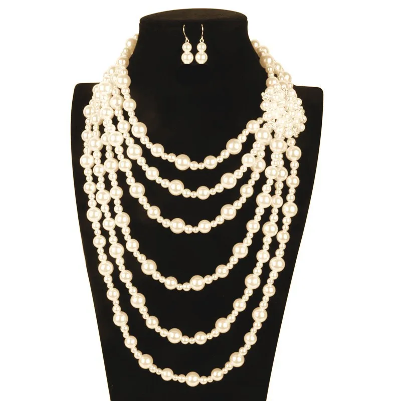 Multilayer Strand Simulated Faux Pearl Statement Long Sweater Chain Necklace and Earrings Set