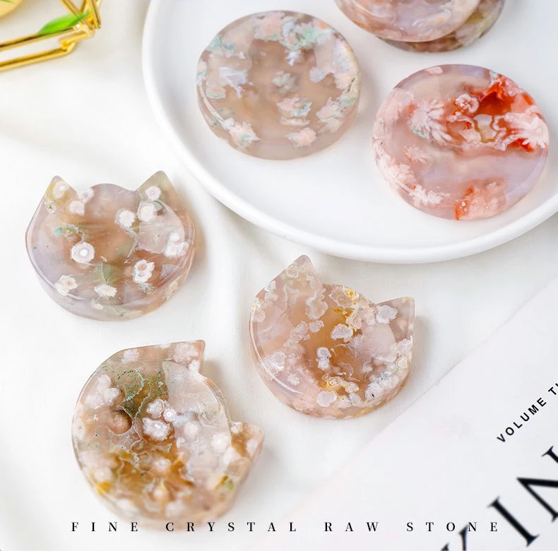 Natural crystal cherry blossom agate cat shape bowl polished gemstone round crystal bowl