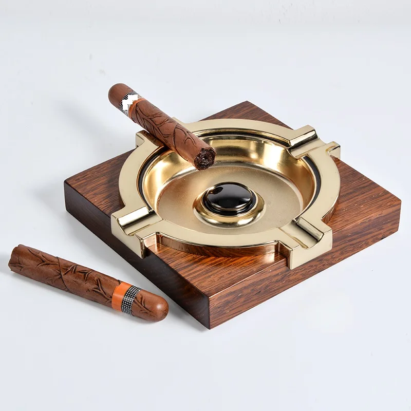Luxury Solid Wood Cigar Ashtray With Copper 4 Rest Smoking Stand Cigarette Ash Tray