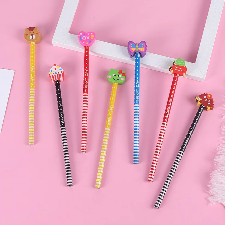 School Suppliers High Quality Stationery Gift Pens Smooth Writing Office Cartoon Pencil With Eraser Topper