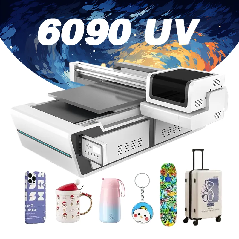 6090 UV Sticker Printer Automatic Inkjet Printer With 3 Heads 1600 i3200 For Glass Bottle Mug Phone Case Flatbed UV Printer 6090