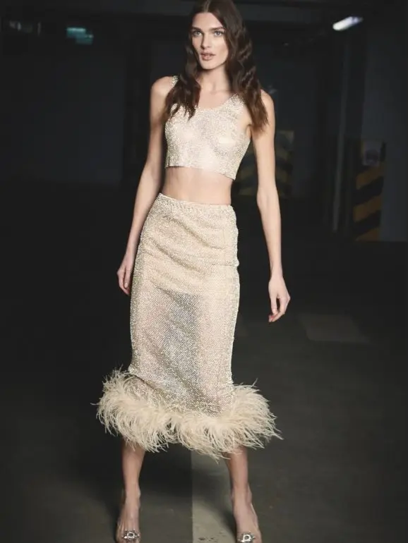 New fashion sleeveless vest+skirts sexy sequins slim fit see-through furry 2 pieces sets elegant nightclub suits women clothing