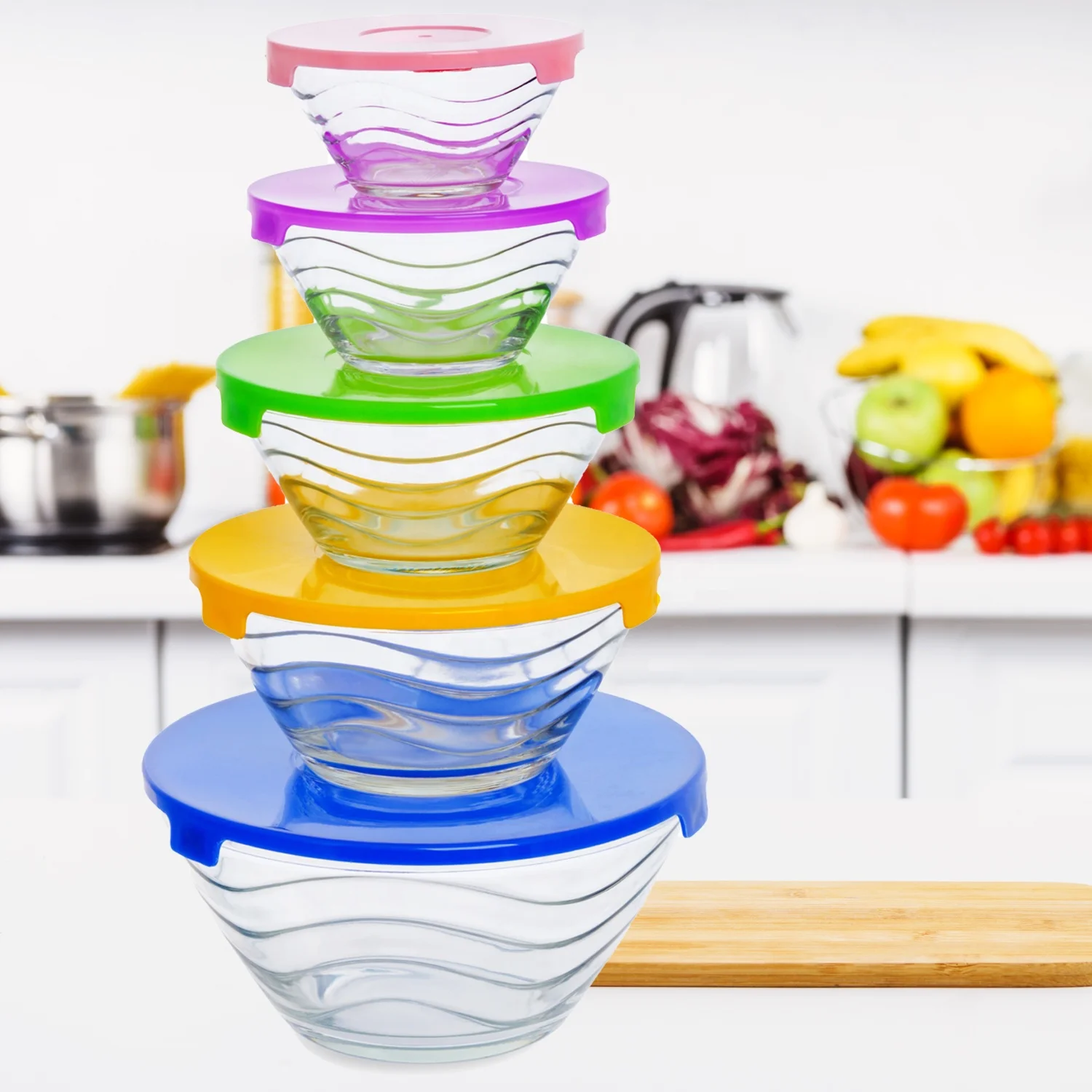 5 Pcs Glass Mixing Bowl Set With Cover Salad Bowl Lunch Box Mask Bowl