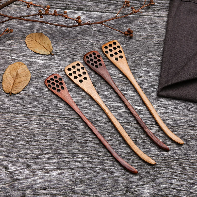 Custom Logo carved Long Handle Wood Honey Olive Jam Jar Mixing Stirring Spoon Sticks Wooden Coffee Honey Dipper With Hole