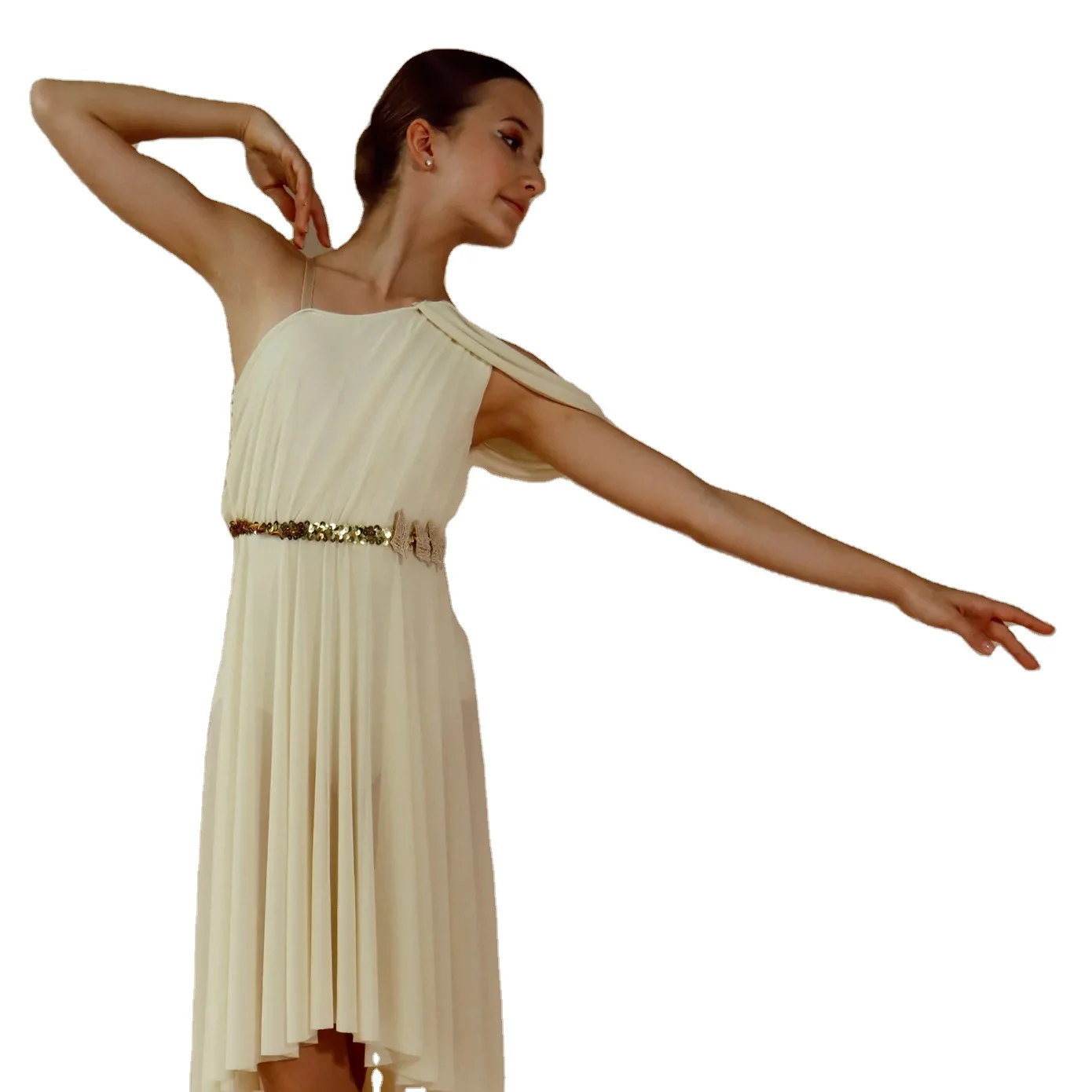 Ready to ship leotard with a four-way stretch mesh bodice  lycra  gold sequin belt with a leaf performance dance wear