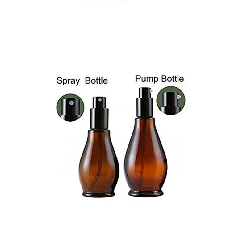new Glass 10ml 20ml 30ml 50ml 100ml single gourd shape amber glass essential oil bottle with pump and spray