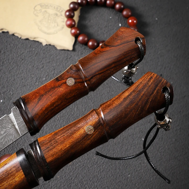 Amazing top quality Damascus steel Pocket Knife Forged feather patterned blade with American Desert Iron Wood