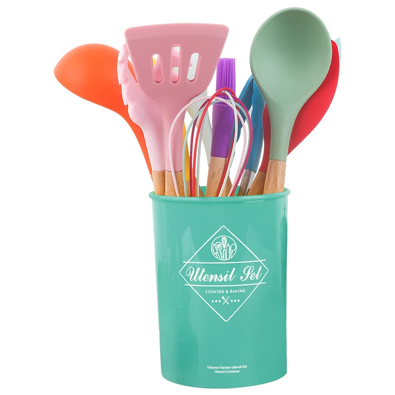 BPA Free 12pcs Colorful Silicone Kitchen Accessories Wooden Handle Utensils Set for Kitchen