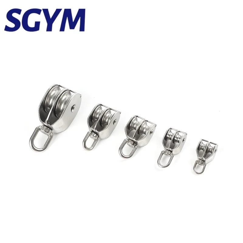 Stainless Steel 304 Pulley Block Marine Swivel Eye Pulley with Plat Shoulder and Double Wheels Snatch Pulley M20