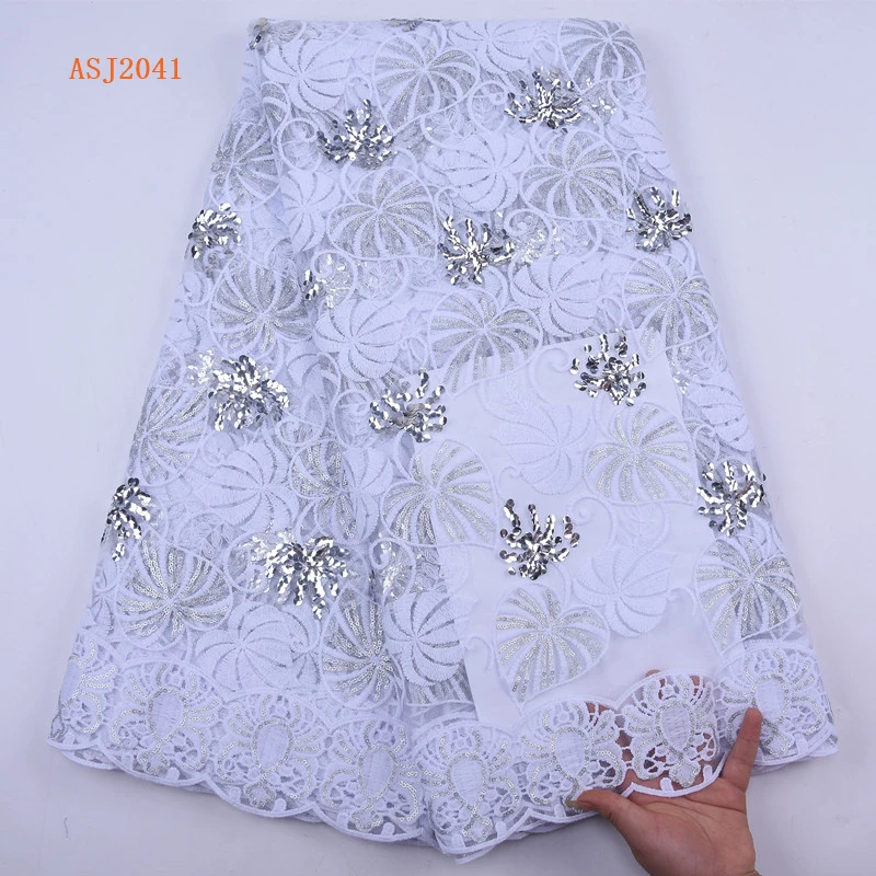 
Latest Nigerian French Lace Fabric White Color High Quality African Tulle Lace With Sequins Fabric For Wedding Dress 2041 