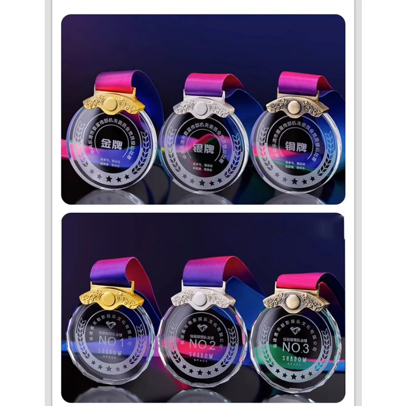 Custom blank round competitions Medals Glass trophy award plaque personalized sport Gold silver bronze Crystal Medal with ribbon